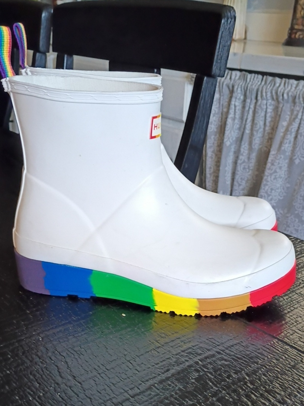 Hunter Women White Rain Boots with Rainbow Sole